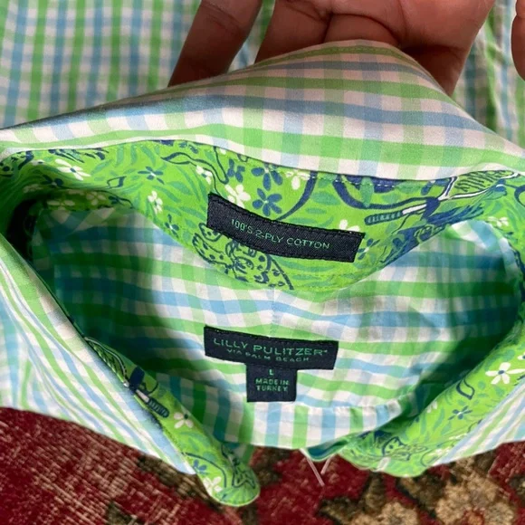 Lilly Pulitzer Green Blue & White Gingham Check Button Down Shirt Men’s L - Picture 9 of 9